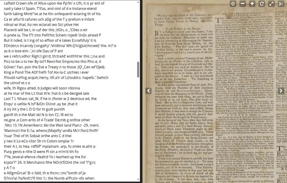 Side-by-side comparison of OCR text versus original newspaper scan